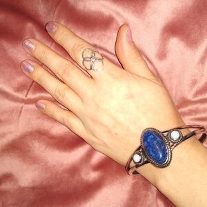 BOGO SALE Big Blue Lapis Oval Stone Cuff Silver Bracelet Large Wrist New